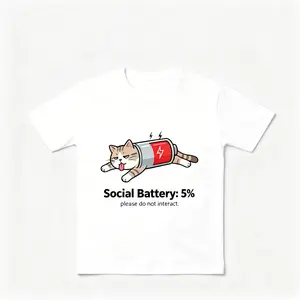 Funny Social Battery 5% Cat Graphic T-Shirt for Men,  Sarcastic Introvert Casual Short Sleeve Crewneck Tee, Low Battery Meme Shirt for Cat Lovers