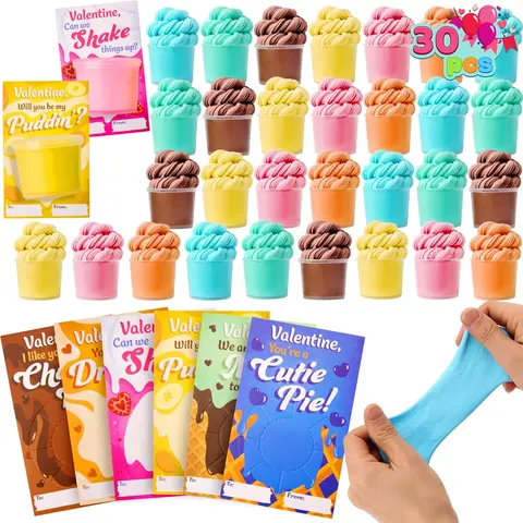 JOYIN 30 Packs Valentines Day Cards with 6 Colorful Butter Slime Fidget Toys Stress Relief Party Favors for Kids Classroom Exchange Gift Prizes 2025 &30pcs Galaxy Slime