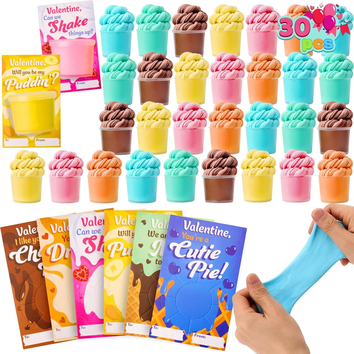 30 Packs Valentines Day Cards with Butter Slime, 6 Colors Valentines Slime Party Favors, Stress Relief Fidget Toys and Gift Cards for Kids Valentine's