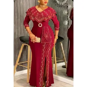 Plus Size African Party Dresses for Women Dashiki Diamond Bodycon Slit Long Dress Elegant Turkey Muslim Wedding Evening Gown