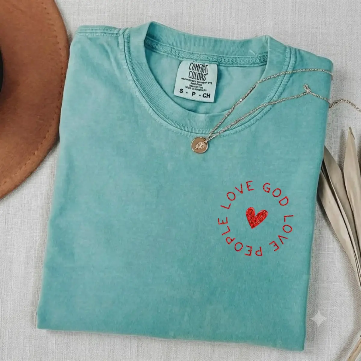 LOVE GOD LOVE PEOPLE T-Shirt Comfort Colors Teal Lagoon Shirt Circular Pocket Graphic Tee Aesthetic Christian Faith Apparel Minimalist Heart Worship Top
