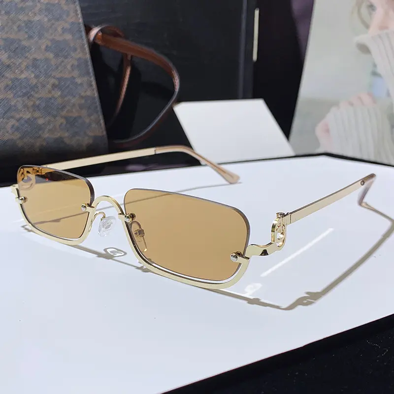 Women's Y2K Half-Rim Slim Rectangle Sunglasses, Thin Gold Metal Frame, Solid Warm Brown Lenses, Hollow Circle Temple Detail, UV400 Protection, Street Fashion Shades