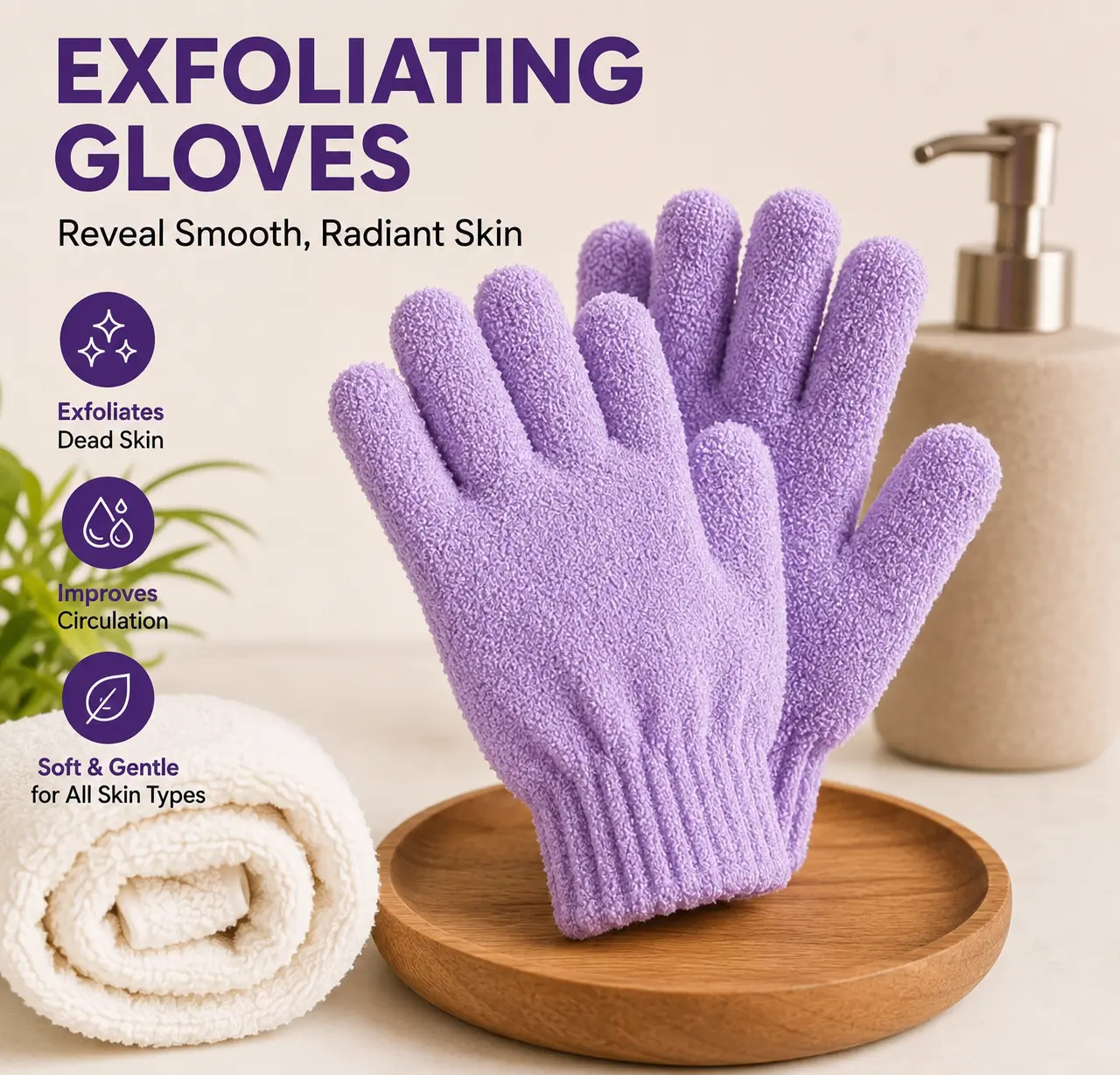 Exfoliating Gloves - Body Scrub & Shower Gloves in Purple, Pink, Black, Blue, Mint Green - Stretchable One Size Fit for Arms, Legs, Back, and Body - Reusable and Easy to Wash - Perfect for Smooth, Softer-Looking Skin
