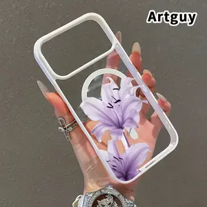 Lavender Lily Grace Pattern Magnetic Phone Case for iPhone 17 16  Pro Max Plus 15 14 13 12 11 Air E Non-Yellowing Clear Crystal Drop-proof Slim Silicone Shockproof Transparent Acrylic Cover Supports Wireless Charging
