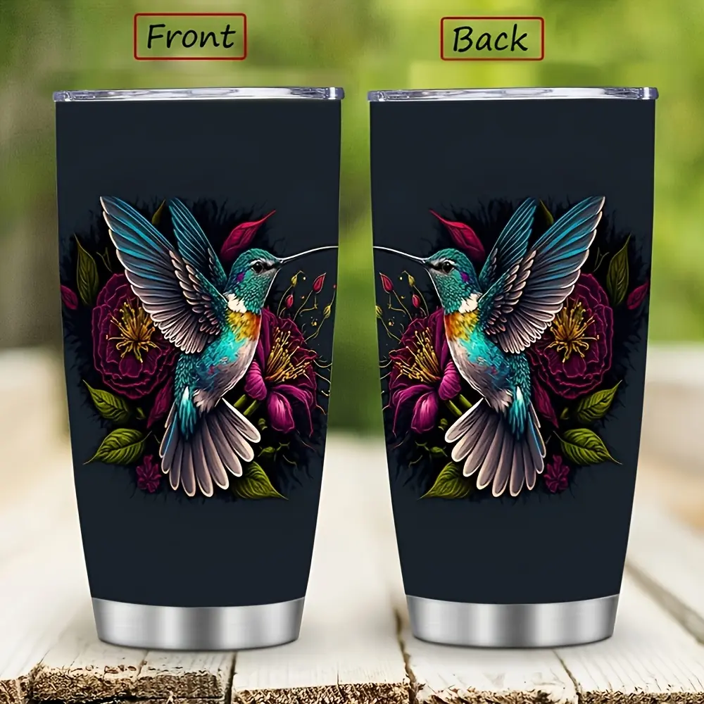 1 Pack 20 oz Insulated Stainless Steel Travel Mug - Hummingbird Pattern, Double Wall Vacuum Insulation, BPA-Free Cup Design, Coffee Mug, Car Cup, Insulated Water Bottle, Outdoor Cup, Travel Cup, Flat Bottom Cup, Multi-Purpose Stainless Steel Cup, Birthday