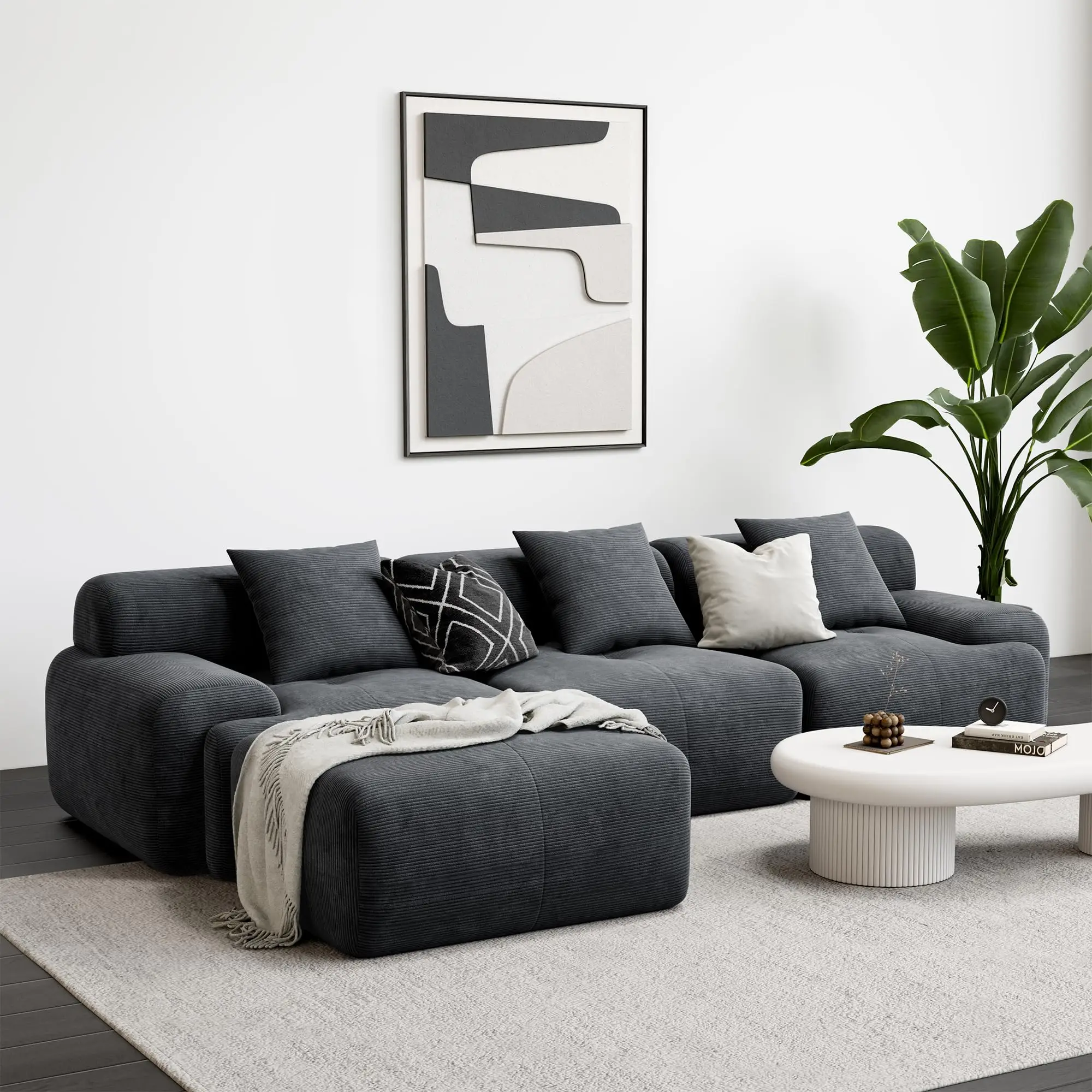 LIKIMIO 118" Modern L-Shaped Modular Sectional Sofa for Living Room, Corduroy Upholstery Dark Grey, Oversized 3-Seater Couch with Deep Seat and Movabl