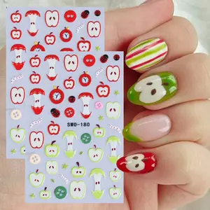 2 Sheets Red Green Apple Nail Art Stickers, Y2K Cute Button Apple Clock Caterpillar DIY Self-Adhesive Nail Decorations