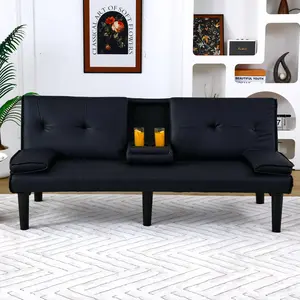 67" Futon Sofa Bed,Convertible Sofa Bed with 2 Cup Holders,Sleeper Couch PVC Leather Removable Soft Armrest Small Couch for Living Room Apartments ﻿ (Black)