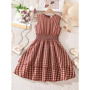 Girls Red Gingham Sleeveless Dress, Ruffle Round Neck Smocked Elastic Waist Eyelet Plaid Tiered Swing Skirt Kids Vintage Cottagecore Summer Sundress