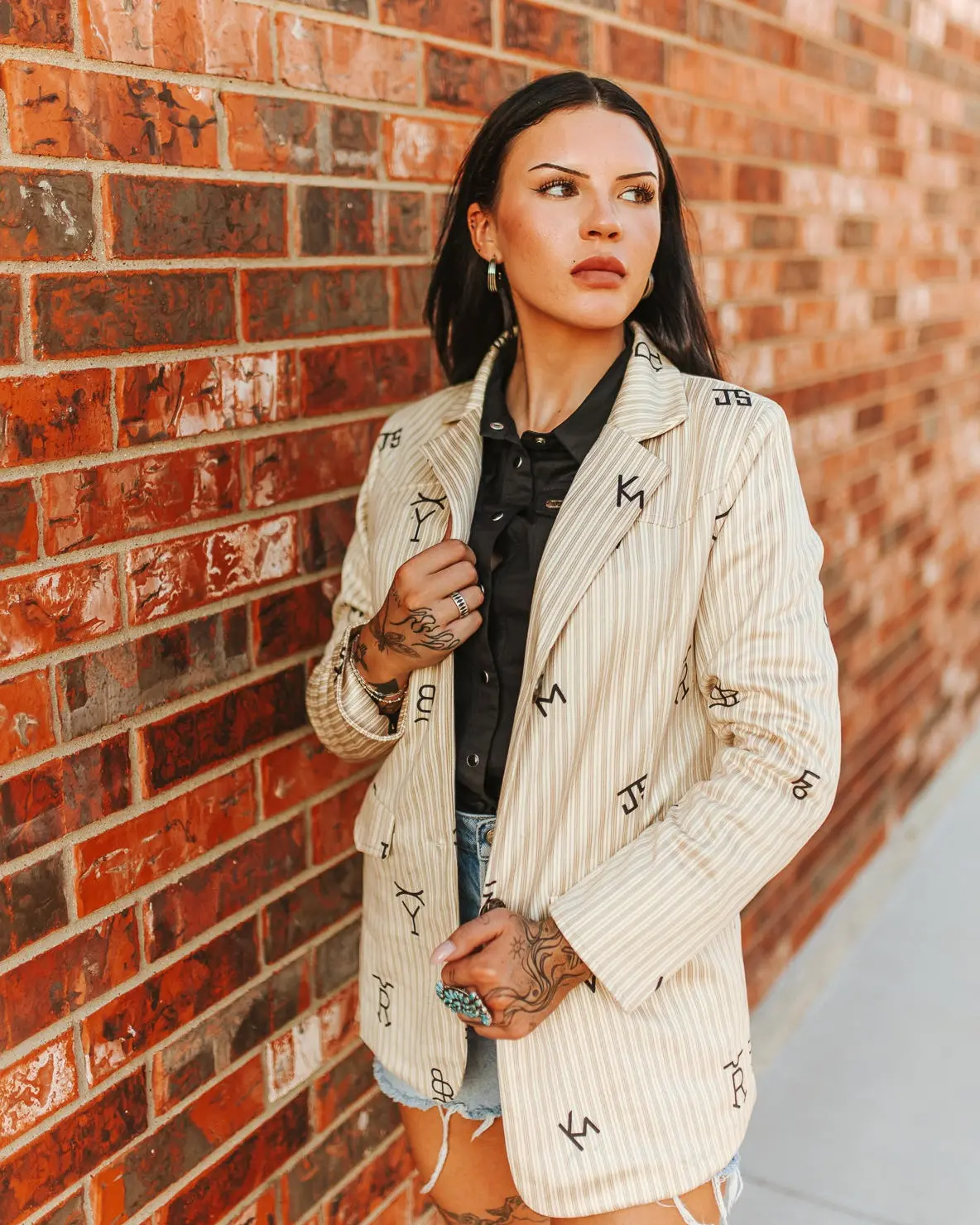 Women's Graphic Pinstripe Western Blazer - Soft, Fitted Statement Piece with Structured Shoulders and Yoke Detail