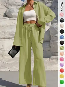 2026 Women's Solid Button Front Shirt Wide Leg Pants Set Casual Two-piece Spring Fall Daily Wear Lounge Matching