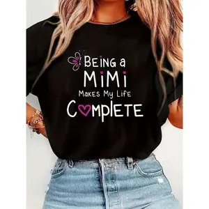 Plus Size Proud Mimi 'Being a Mimi Makes My Life Complete' Graphic Tee - Soft Crew Neck T-Shirt for Women, Casual Short Sleeve Top with Floral & Heart Print, Perfect for Spring & Summer, Relaxed Fit Shirt |     Playful Graphic Tee |     Soft Material 0XL-