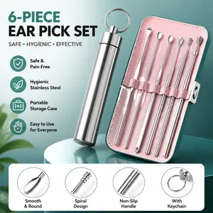 Cylindrical Ear Pick Set, Stainless Steel Ear Cleaning Tool, Portable 6-Piece Ear Spoon Kit