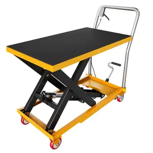Yellow Hydraulic Lift Table Cart, 330lbs Capacity 28.5" Lifting Height, Manual Single Scissor Lift Table with Locking Wheels and Non-Slip Pad, Hydraulic Scissor Cart for Material Handling