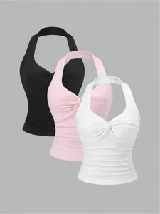 Fashionable and Elegant Sexy Women's Halter Neck Tops, Casual Sleeveless Strapless, Slim Fit Backless Condensing Vest Three-piece Set, Basic Womenswear