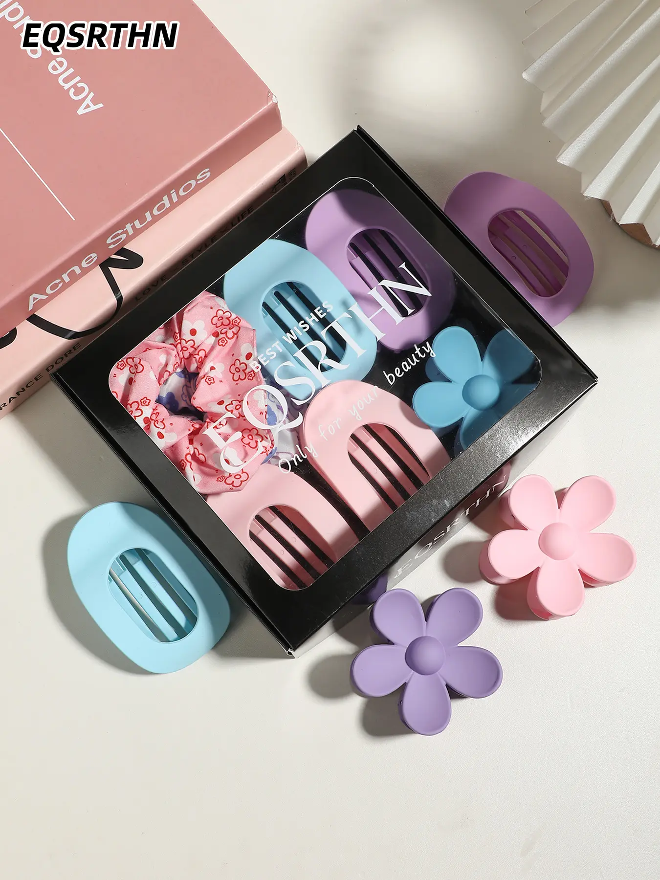 EQSRTHN 12Pcs Premium Hair Clips Gift Set, Multiple Colors Big Matte Flower Claw Clips and Flat Seamless Hair Clips, Assorted Hair Accessories for Women with 3 Cute Scrunches, Non-Slip, Strong Hold for Styling, Party Favors