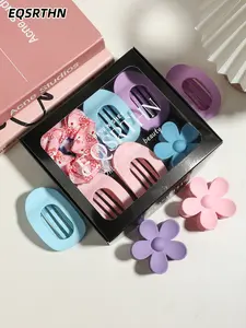 EQSRTHN 12Pcs Premium Hair Clips Gift Set, Multiple Colors Big Matte Flower Claw Clips and Flat Seamless Hair Clips, Assorted Hair Accessories for Women with 3 Cute Scrunches, Non-Slip, Strong Hold for Styling, Party Favors