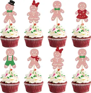 24 PCS Christmas Gingerbread Man Cupcake Toppers - Glitter Gender Reveal Picks for Kids Birthday Party Cake Decorations - Rose Gold