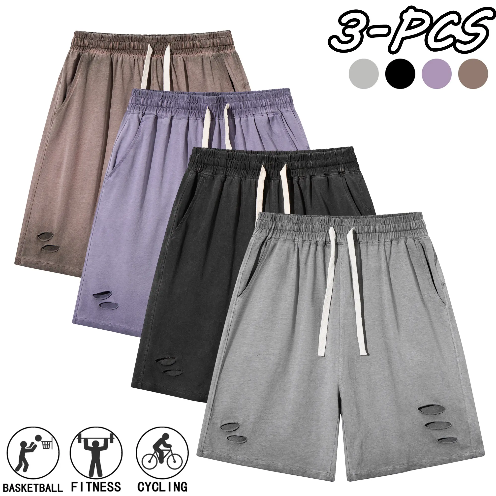 Men's 3-Pack Cotton Summer Washed Retro Distressed Loose-Fit Shorts, Soft Breathable Adjustable Drawstring Bottoms, Menswear for Everyday Wear, Sports, Fashion Sportswear Activewear