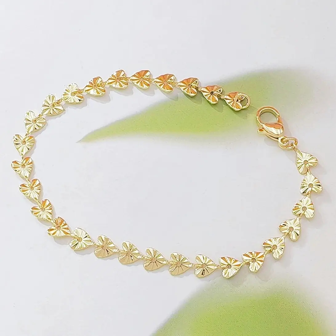 Women's 14K Gold Plated Laser Cut Heart Link Chain Bracelet - Dainty Shiny Solid Heart Charm, Hypoallergenic Minimalist Stackable Daily Costume Jewelry