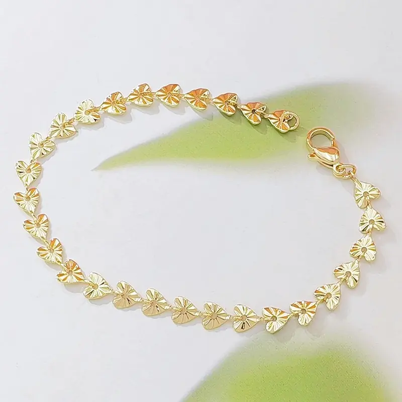 Women's 14K Gold Plated Laser Cut Heart Link Chain Bracelet - Dainty Shiny Solid Heart Charm, Hypoallergenic Minimalist Stackable Daily Costume Jewelry