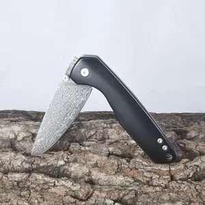 Damascus Steel Folding Pocket Knife, EDC Knife with Ebony Wood Handle for Daily Outdoor Hunting Camping Hiking Tools Gifts