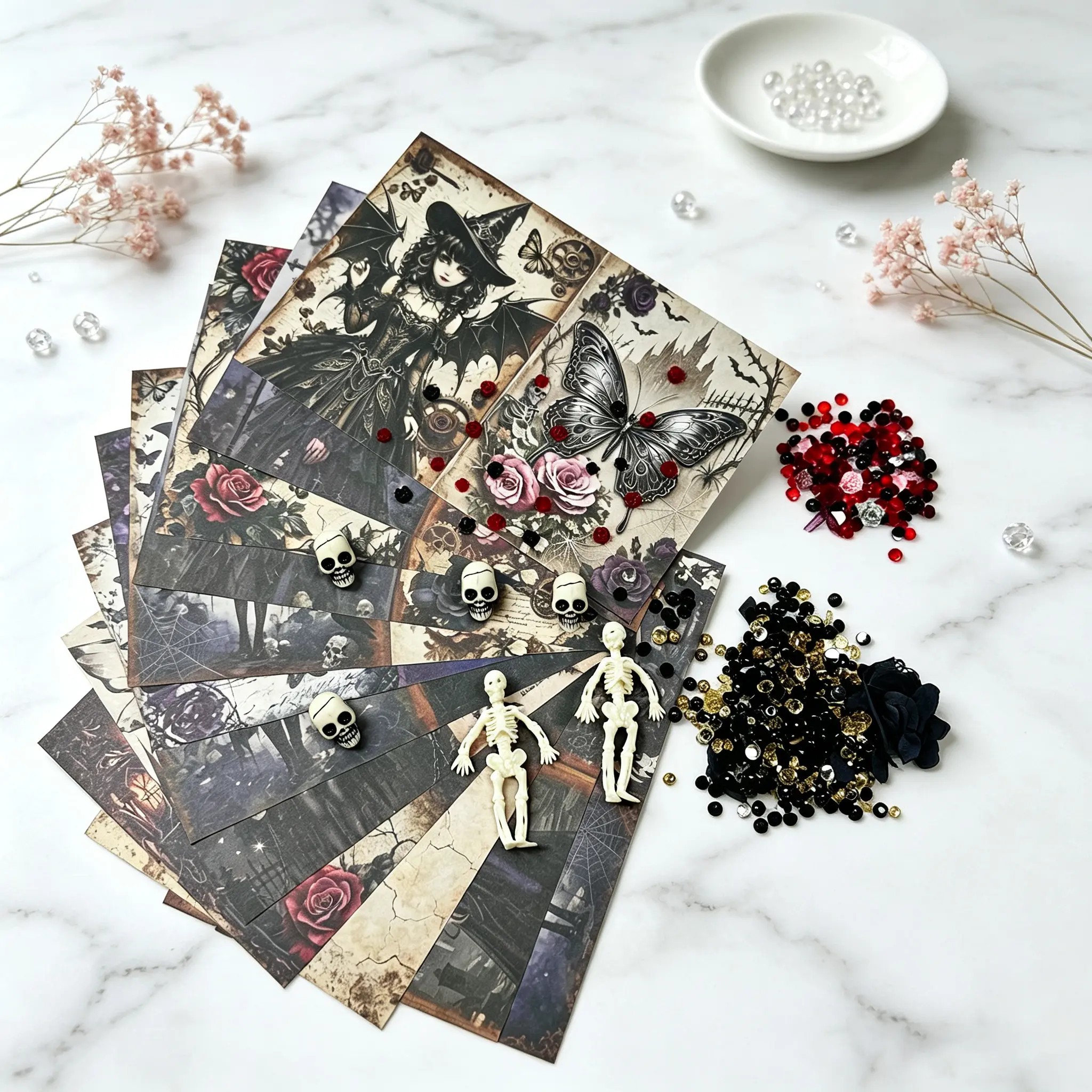 Gothic Dark Halloween Junk Journal Kit - Spooky Vibes Vintage Witch Ephemera Paper Craft Set with Bat, Spider, Skeleton, Skull, Black Rose, Web Decor for Scrapbooking, Handmade Card Making, Crafting