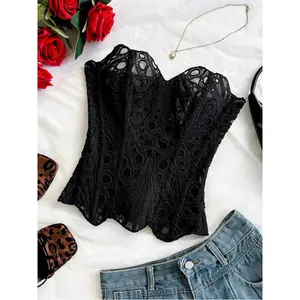 Avant-Garde Lace Double-Layer Corset Bustier, Fishbone Contoured, Hollow Embroidered Bodysuit, Black set of 2