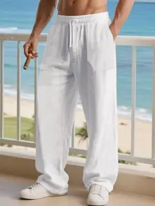 Men’s Loose - Fit Linen Trousers, Elasticized Drawstring Waist, Perfect for Coastal Escapes, Poolside Relaxation, and Casual Fridays – A Must - Have for Men Who Value Breezy Comfort and Laid - Casual Loose Fitted, White