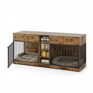 Large Double Dog Crate Furniture for 2 Dogs – Heavy Duty Indoor Wooden Kennel with Divider, 4 Drawers & Shelves – TV Stand Dog Bed Sofa for Medium or Large Breeds – Black/White/Brown/Natural