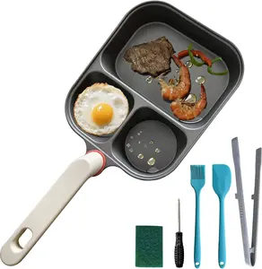 9.25" Titanium Nonstick Divided Egg Pan, 3-In-1 Breakfast Skillet with 2 Round & 1 Square Compartments, Compatible with Induction & Gas, PFOA/PTFE Free, Cook Eggs Pancakes & Bacon Simultaneously