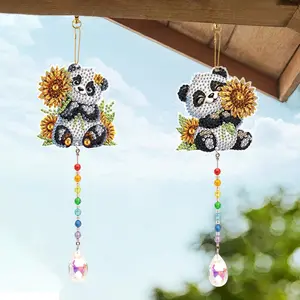 Panda & Sunflower Pattern Diamond Art Painting Decorative Wind Chime, DIY Special Shape Diamond Hanging Pendant, DIY Decoration for Home Garden, Hangable, Gift