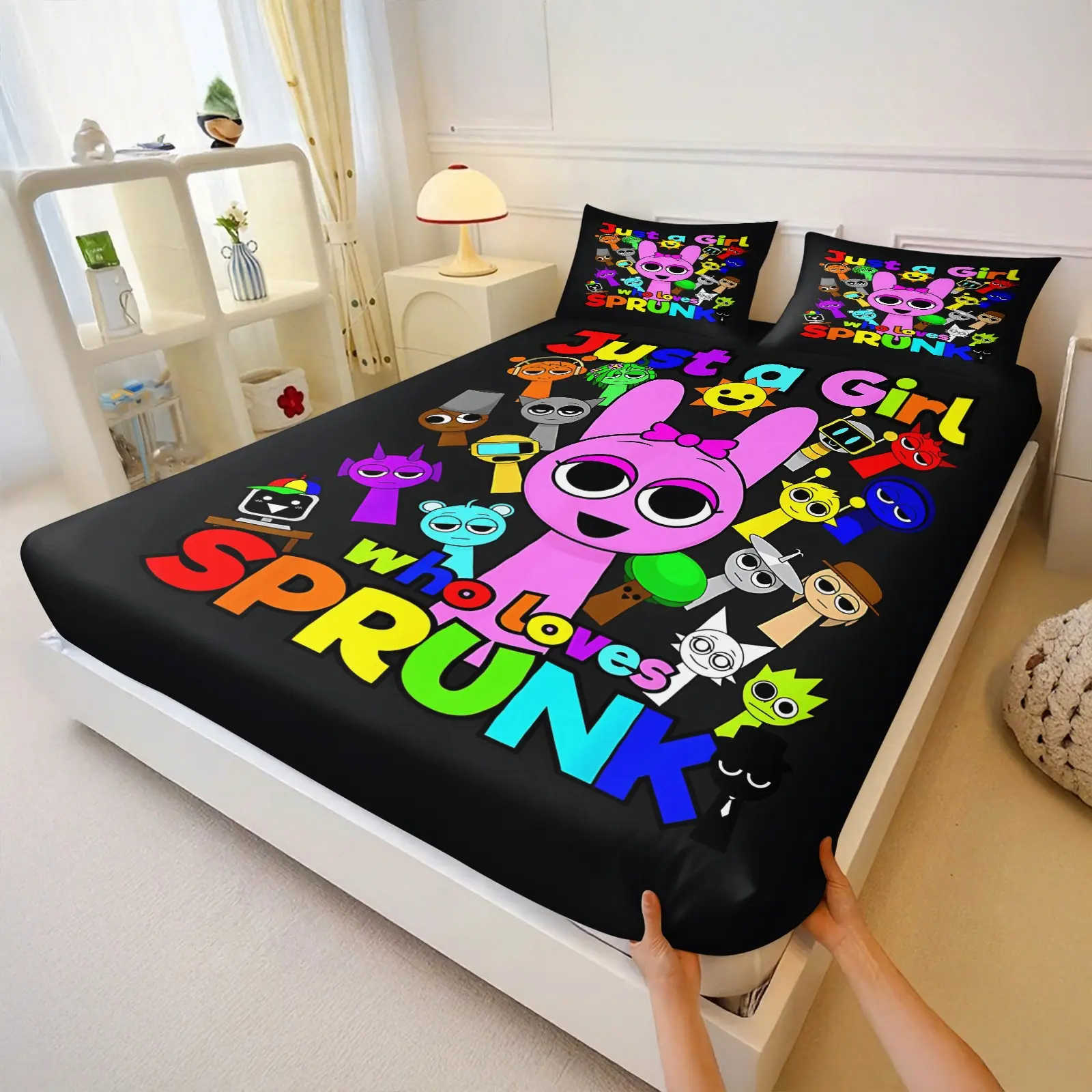 Atmosphere Sprunki Fitted Sheet Set Including 1/2 Coreless Pillowcases For Various Scenes, Bed Sheets Set, Bed Linens, Decorative Bedsheet Sets, Gift For Gamers / Cartoon Fans, Exclusive Trendy Holiday Souvenir, Bedset