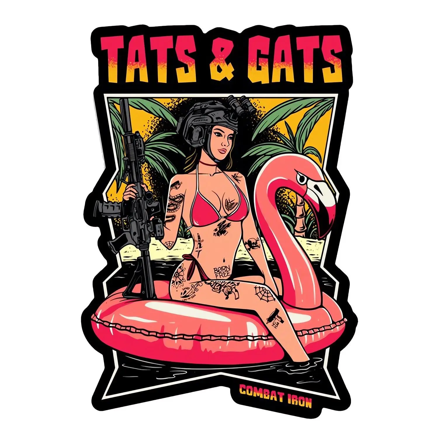 COMBAT IRON Tats & Gats 1-Piece PVC Waterproof Decorative Sticker - 4" Height, Extra Durable, Easy to Remove Peel-Off Backing, All-Weather Home Decor Accessory for Hard Hat, Car, Quad