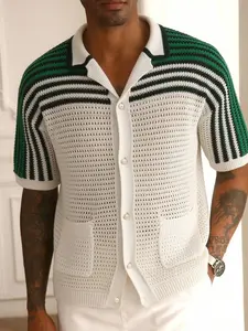 Men's Vintage Colorblock Striped Knit Cardigan, Cuban Collar Turn-Down Short Sleeve, Breathable Holiday Shirt with Pockets, Boho Casual Style