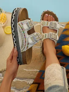 New Summer Women's Fashion PU Leather Sandals, Rhinestone Fisherman Slippers, Flat Beach Shoes, Thick Sole, Large Size, Trendy