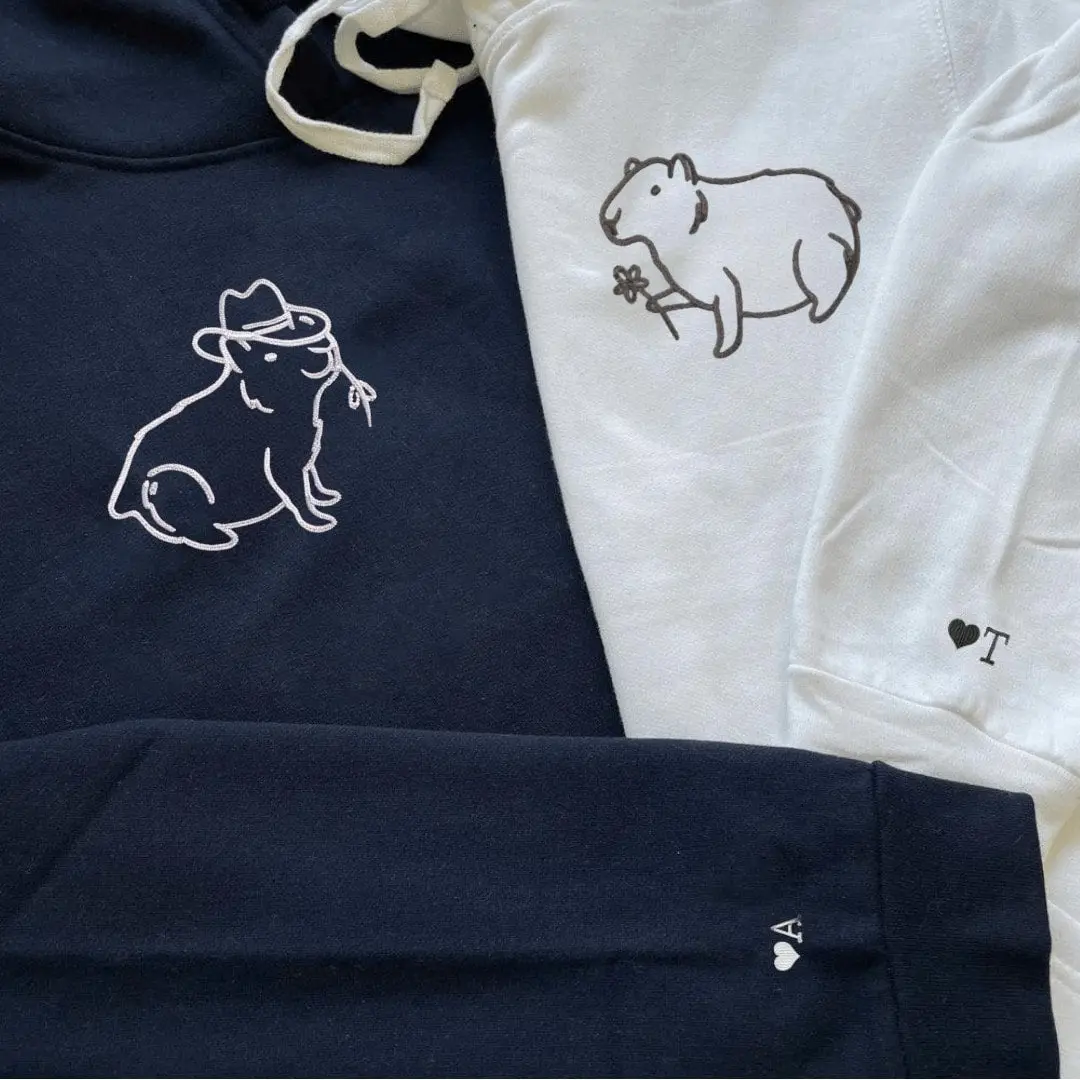 Cowboy & Gentle Capybara Matching Couple Sweatshirts - Personalized Embroidered Hoodies For Partners