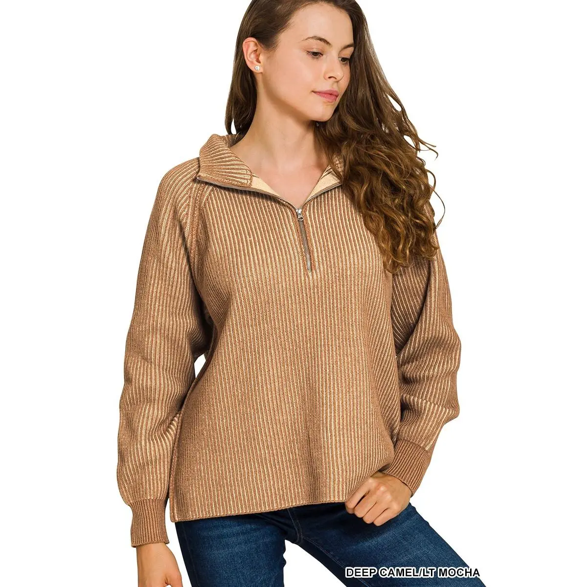Zenana Ribbed Two Tone Half Zip Sweater