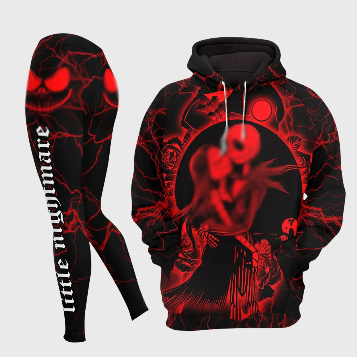 Gothic Skeleton Couple Hoodie and Leggings Set, Halloween Skull Graphic Outfit, Spooky Horror Hooded Sweatshirt, Alternative Fashion Activewear, Fall Winter Gift