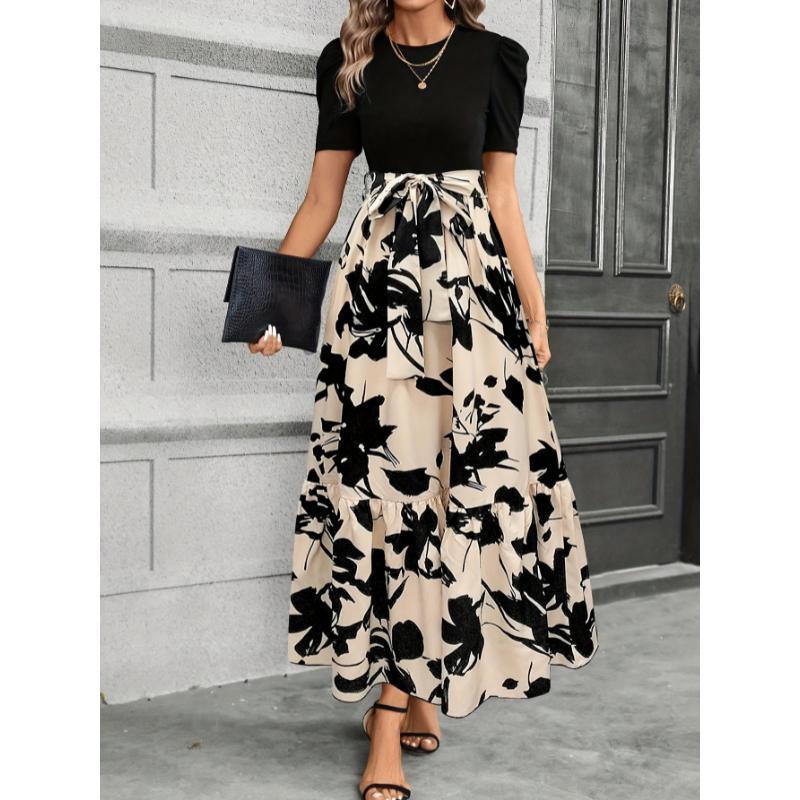 Floral Print Crew Neck Dress, Elegant Short Sleeve Tie Waist A-line Ankle Length Dress For Spring & Summer, Women's Clothing Loose Midi Flowery Backless Mini white  dress  girl shein