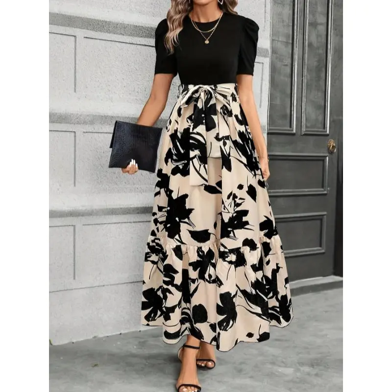 Floral Print Crew Neck Dress, Elegant Short Sleeve Tie Waist A-line Ankle Length Dress For Spring & Summer, Women's Clothing Loose Midi Flowery Backless Mini white  dress  girl shein