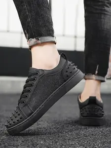 "People with Wider Feet Please Choose One Size Larger." Men's Fashionable Studded Decor Lace Up Athletic Skate Shoes, Sneaker, Casual Comfortable Sports Shoes for Daily Wear, Male All-match Round Toe Shoes for Daily Wear