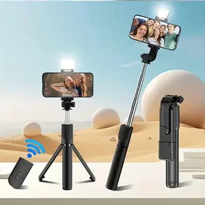 Retractable Mobile Phone Selfie Stick with Built-in Fill Light Telescopic Tripod Wireless Remote 360° Rotating for Summer Vacation Travel Outdoor Activities wireless