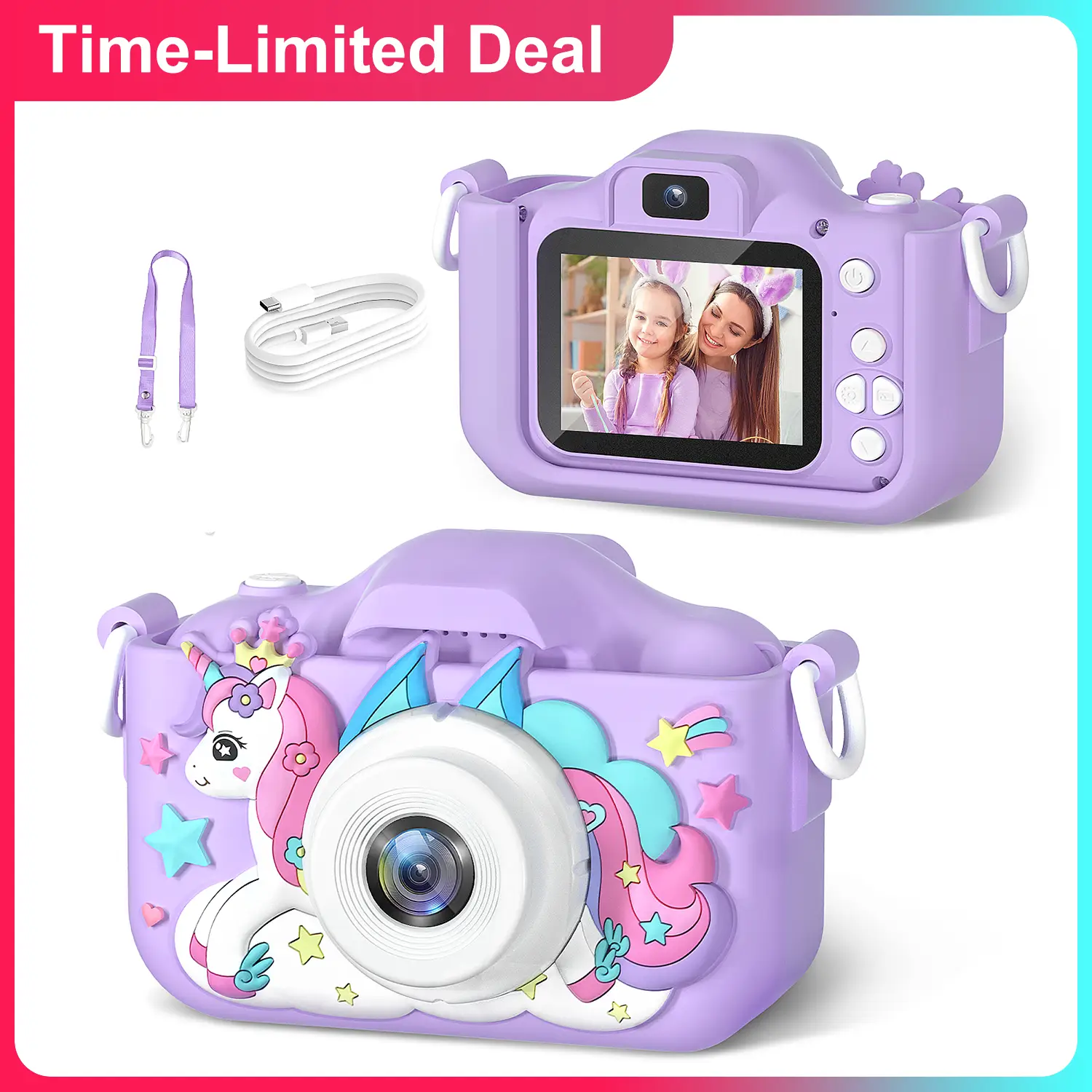 1080P Kids Camera with Selfie Mode – HD Video Camcorder with Cute Silicone Case, Rechargeable, Perfect Gift for Girls & Boys Ages 3 4 5 6 7 8 9 10 11