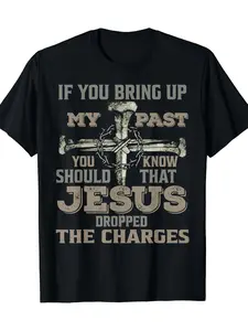 Men's Faith T-Shirt - "Jesus Dropped the Charges" Verse & Cross Design, Black with White Lettering, Comfortable Cotton Crew Neck Short Sleeve Casual Streetwear Top for Church, Casual Attire (Matthew 26:65 Inspired)