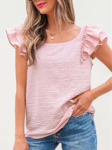 Textured Bow Knot Frilled Butterfly Sleeve Blouse, Chic Textured Fabric Adds Depth and Style.