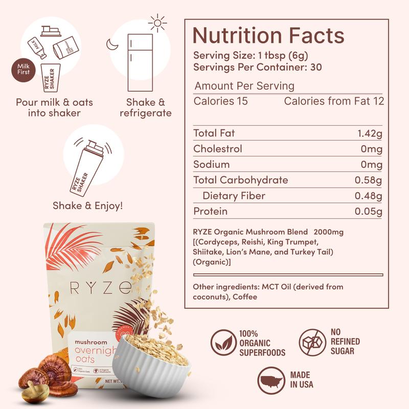 RYZE Mushroom Overnight Oats, Oatmeal with 6 Adaptogenic Mushrooms and 20g Grass-Fed Whey Protein & Chia Seeds, Turkey Tail, Shiitake, Lion's Mane, Reishi, Cordyceps, Healthy Breakfast, 14 servings