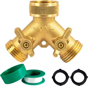 Brass Garden Hose Splitter (2 Way), Solid Brass Hose Y Splitter 2 Valves with 2 Extra Rubber Washers (Brass)