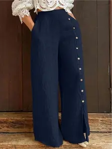 Elegant Plus Size Wide Leg Pants for Women, All-Season Fashion with Elastic Waistband, Button Pockets, Split Design