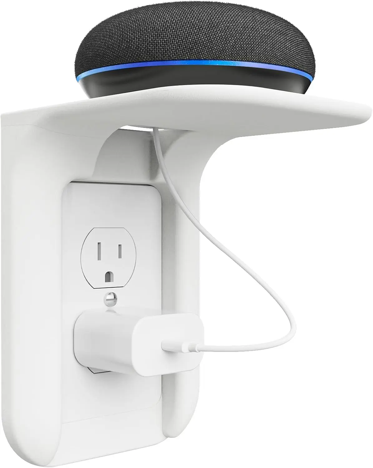 White Plastic Outlet Wall Shelf - Easy Installation Bathroom Organiser Platform (Up to 10lbs) for Smart Speakers, Toothbrush, Cell Phone Storage, Space-Saving Home Supplies